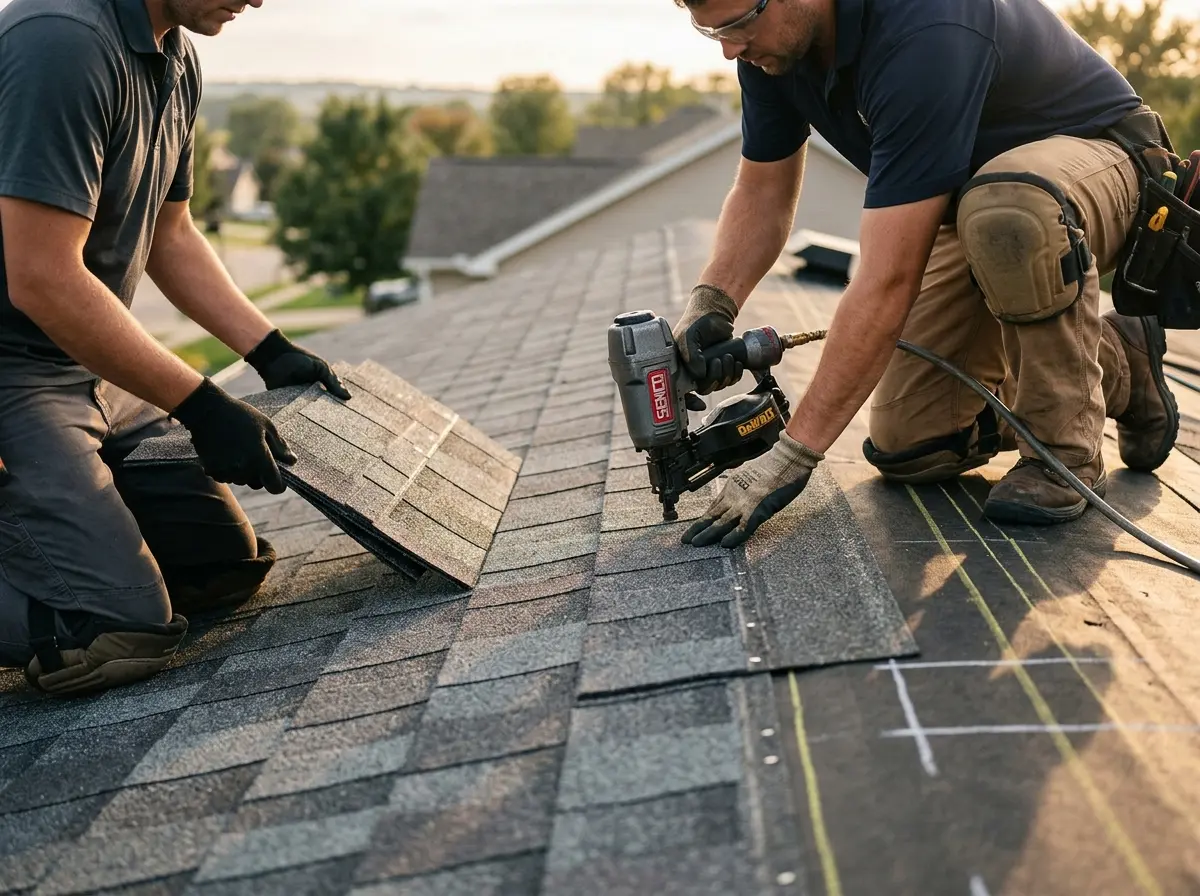 Professional roofer working on a residential roof in Milliken